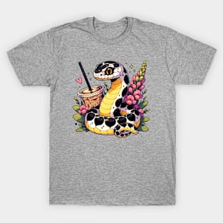 Cute Chibi Coffee Snake with Flowers T-Shirt